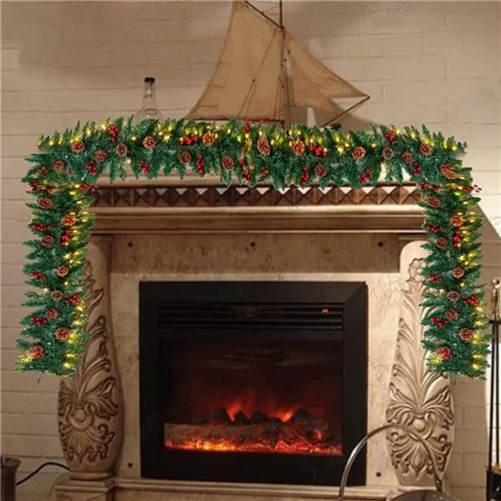 9Ft Christmas Garland Prelit with 100 LED Lights, 27 Pine Cones, 27 Red Berries